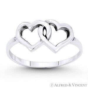 Double Heart Charm Stackable Love Promise Ring in .925 Sterling Silver - Size 7